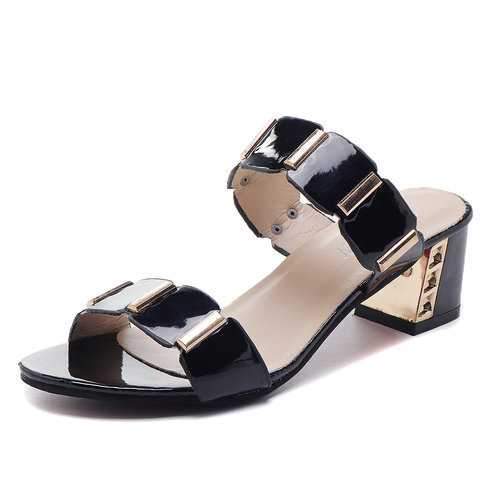 Metal Detailed Square Heel Sandals