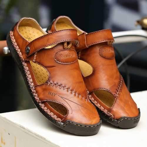 Men Hand Stitching Closed Toe Leather Sandals