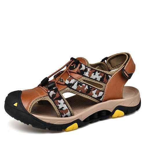 Men Genuine Leather Hook Loop Sandals