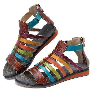 SOCOFY Egypt Stripe Soft Flat Leather Sandals