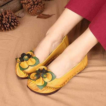 Vintage Floral Leather Stitching Loafers