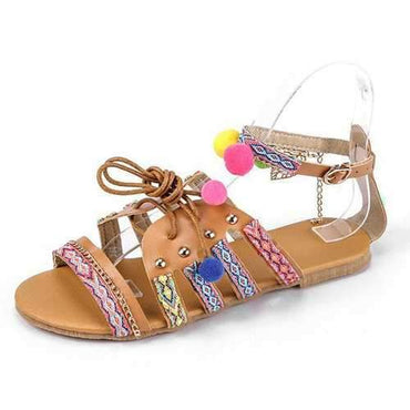 Folkways Pompon Strappy Flat Sandals