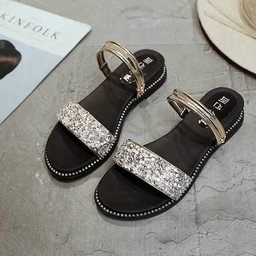 Shine Sequin Open Toe Flat Sandals