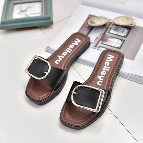 Metal Buckle Casual Flat Slippers