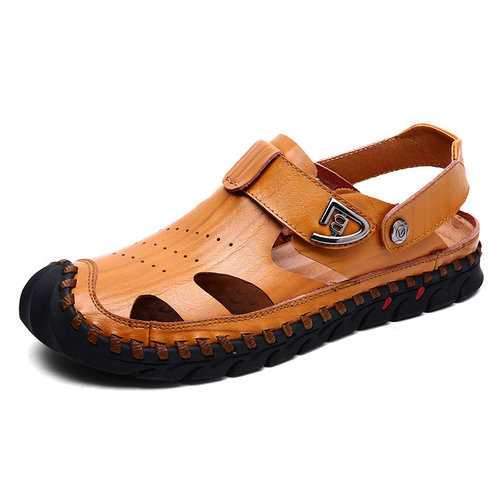 Men Hand Stitching Toe Protective Leather Sandals